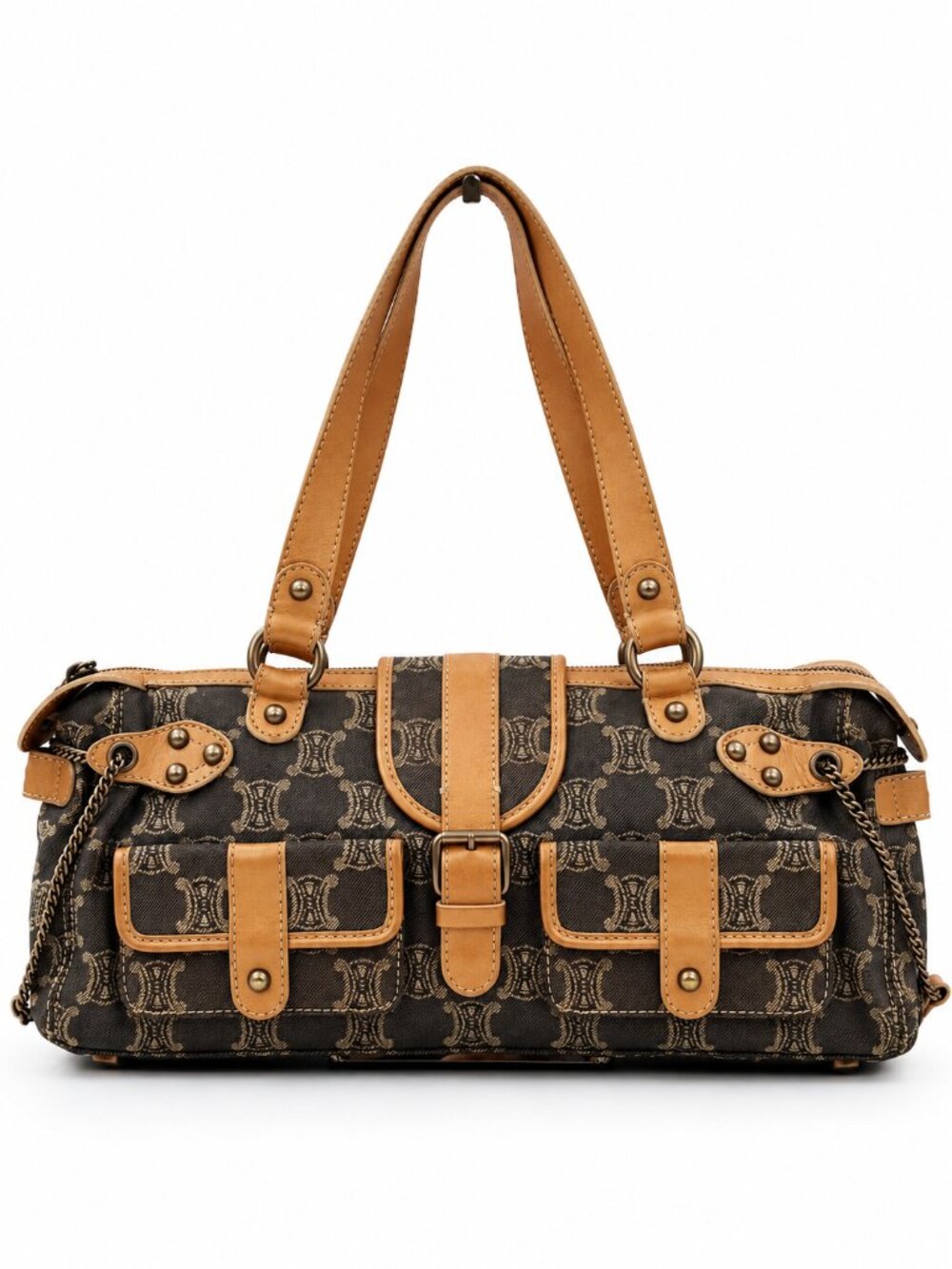 Vintage CELINE Macadam Canvas Shoulder Bag Brown Tan Leather Double Pocket